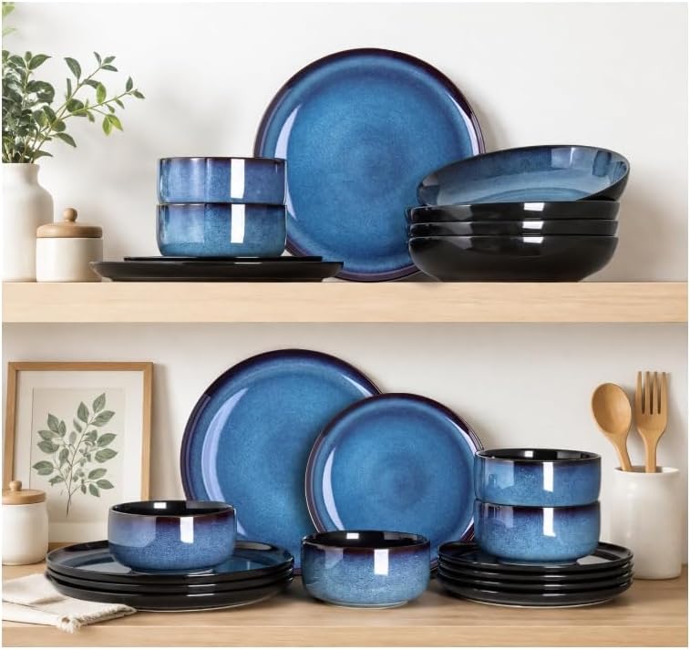 Blue Reactive Glaze Ceramic Dinnerware Set, 24 Pieces - Image 6