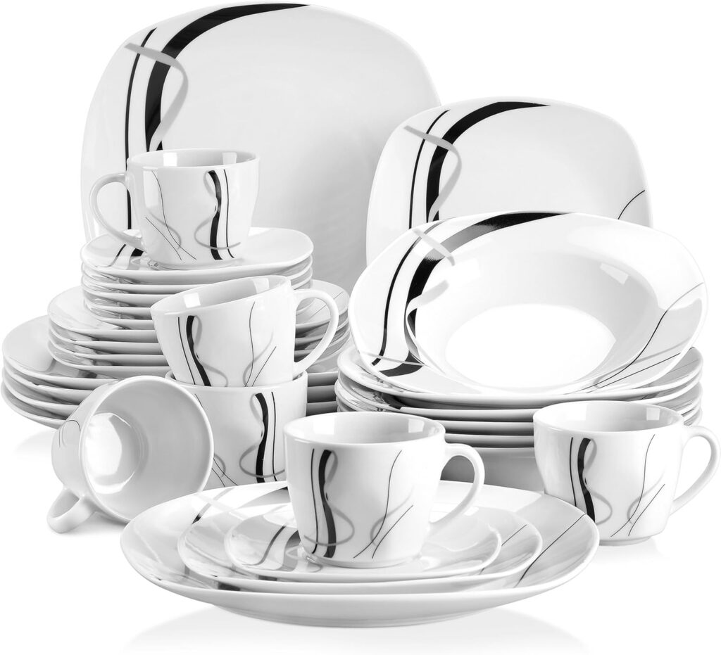 White and Black Ceramic Dinnerware Set, 30 Pieces