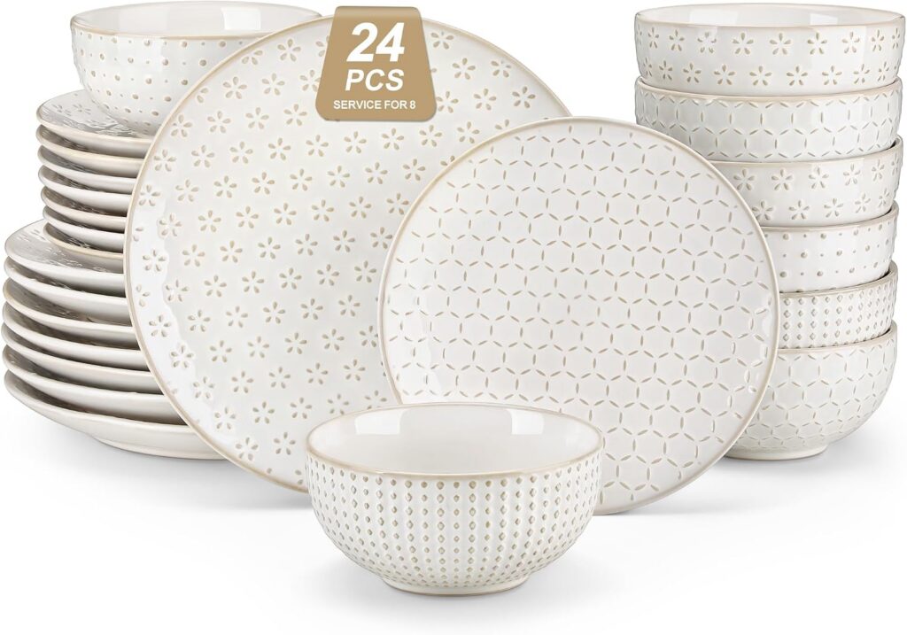 Embossed White Ceramic Dinnerware Set, 24 Pieces