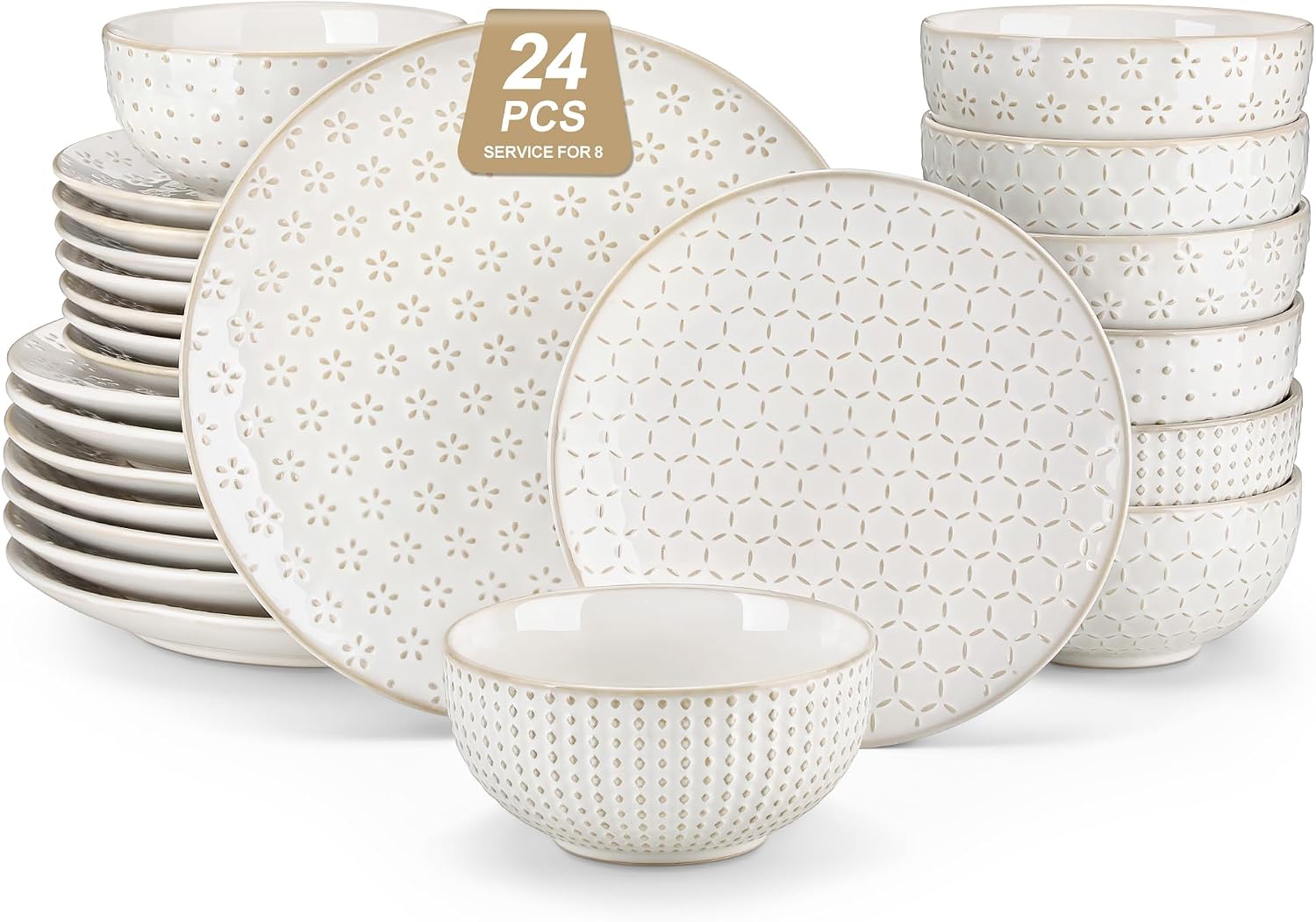 Embossed White Ceramic Dinnerware Set, 24 Pieces