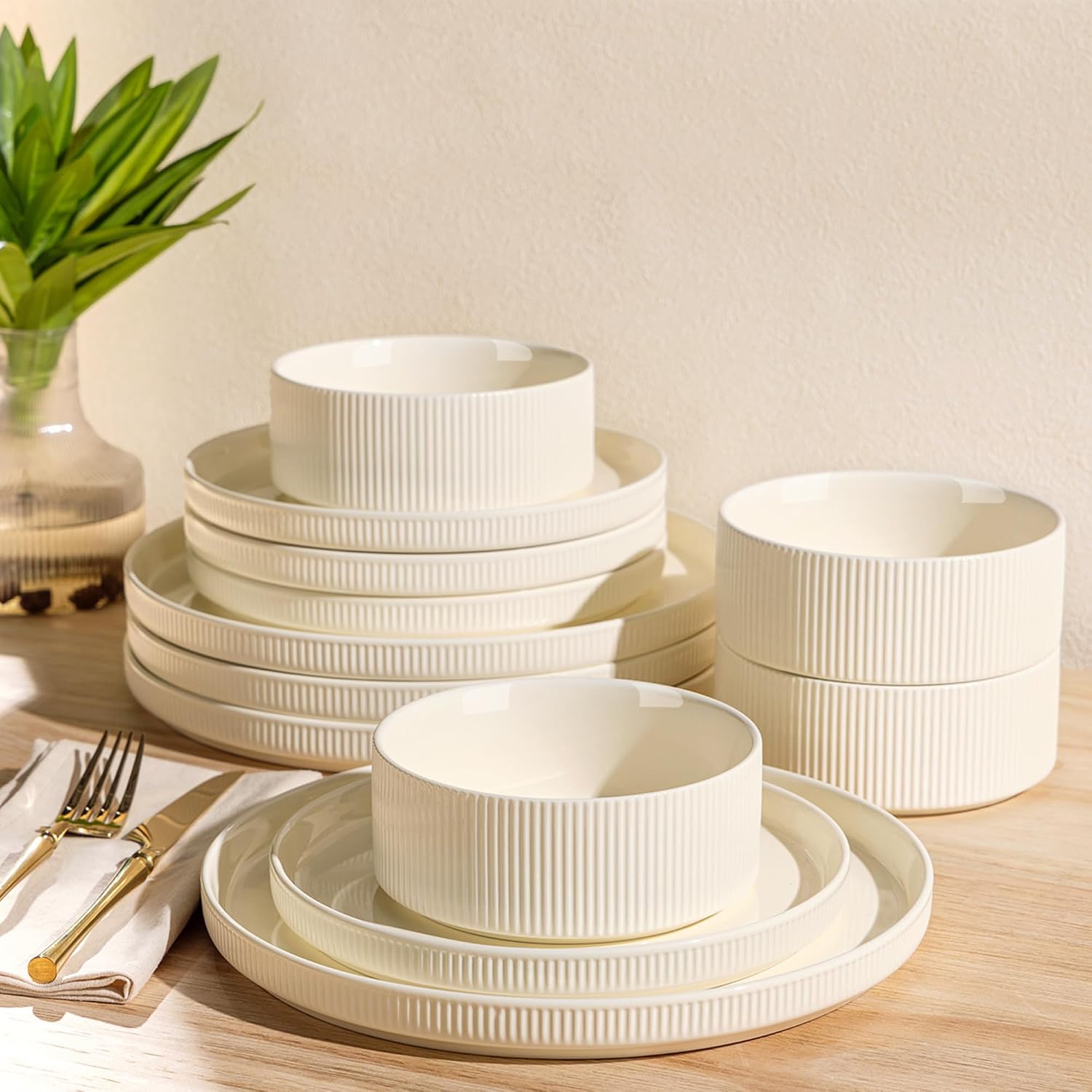 Double Reactive Glaze Ceramic Dinnerware Set, 12 Pieces