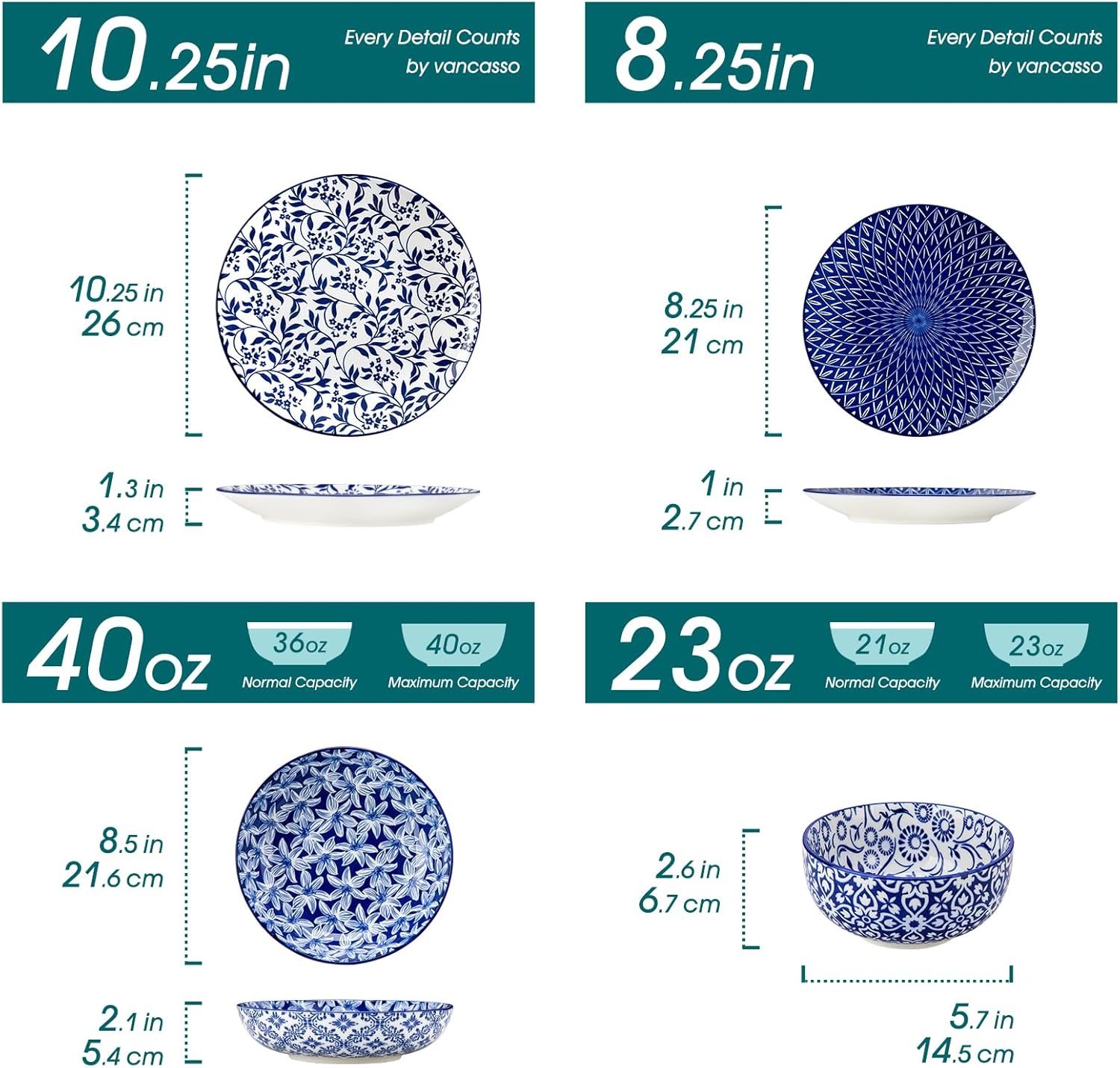 Blue Floral Porcelain Dinnerware Set, 24 Pieces - Image 2