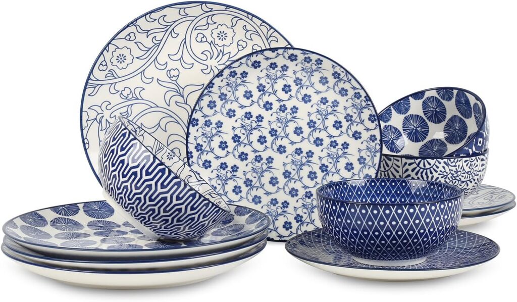 Vintage Blue Floral Ceramic Dinnerware Set, 12 Pieces