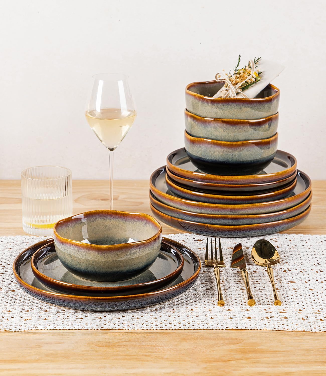 Double Reactive Glaze Ceramic Dinnerware Set, 12 Pieces - Image 6