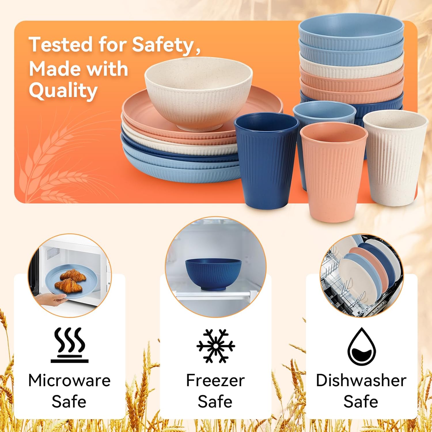 Reusable Wheat Straw Dinnerware Set, 64 Pieces - Image 4
