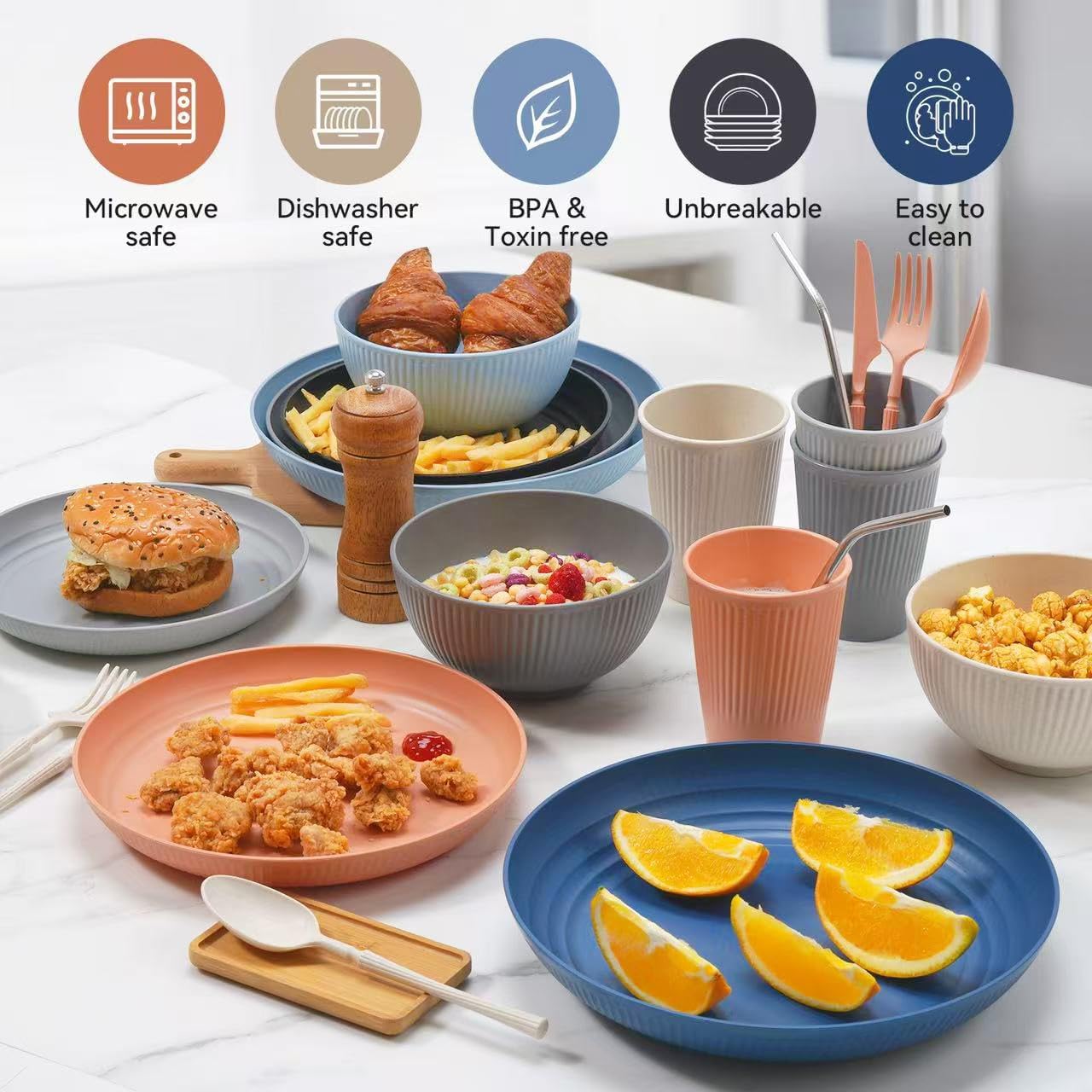 Reusable Wheat Straw Dinnerware Set, 64 Pieces - Image 6