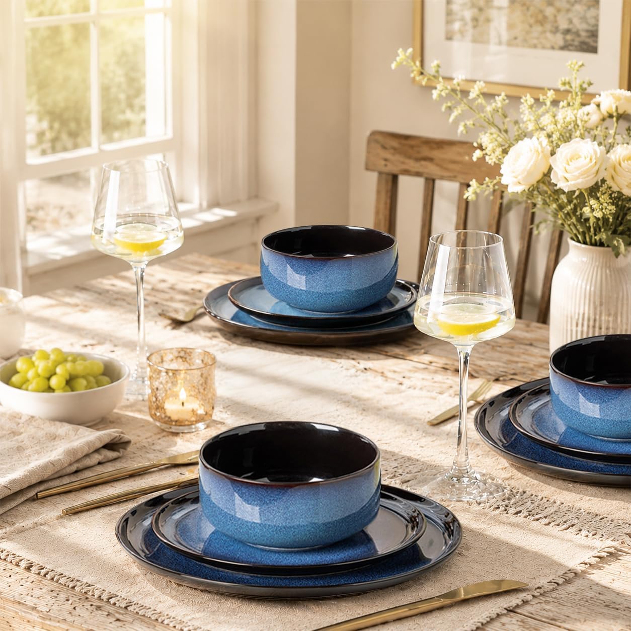 Blue Reactive Glaze Ceramic Dinnerware Set, 24 Pieces - Image 7