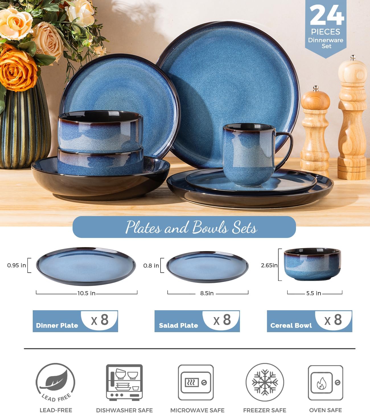 Blue Reactive Glaze Ceramic Dinnerware Set, 24 Pieces - Image 2