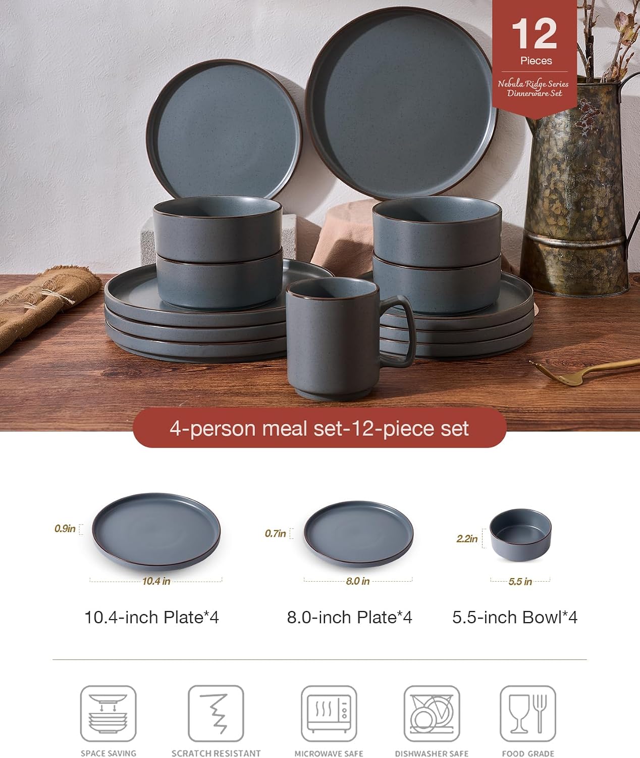 Charcoal Stoneware Dinnerware Set, 12 Pieces - Image 2