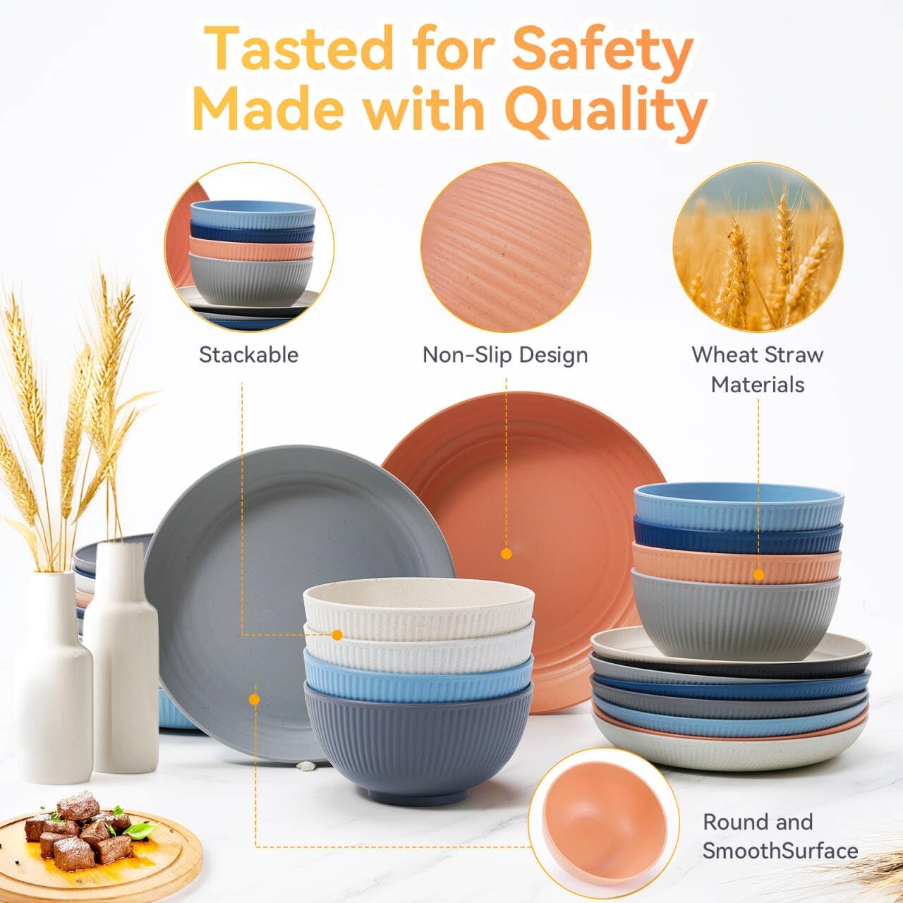 Reusable Wheat Straw Dinnerware Set, 64 Pieces - Image 3