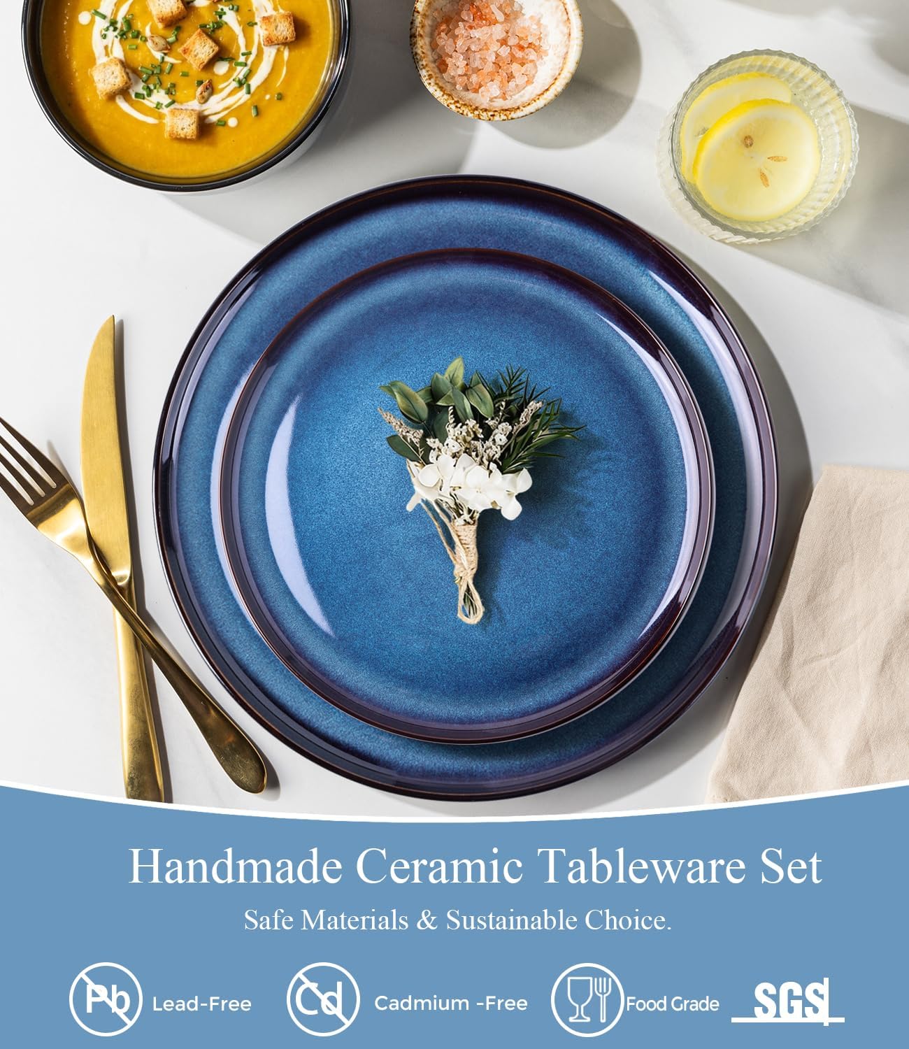 Blue Reactive Glaze Ceramic Dinnerware Set, 24 Pieces - Image 4