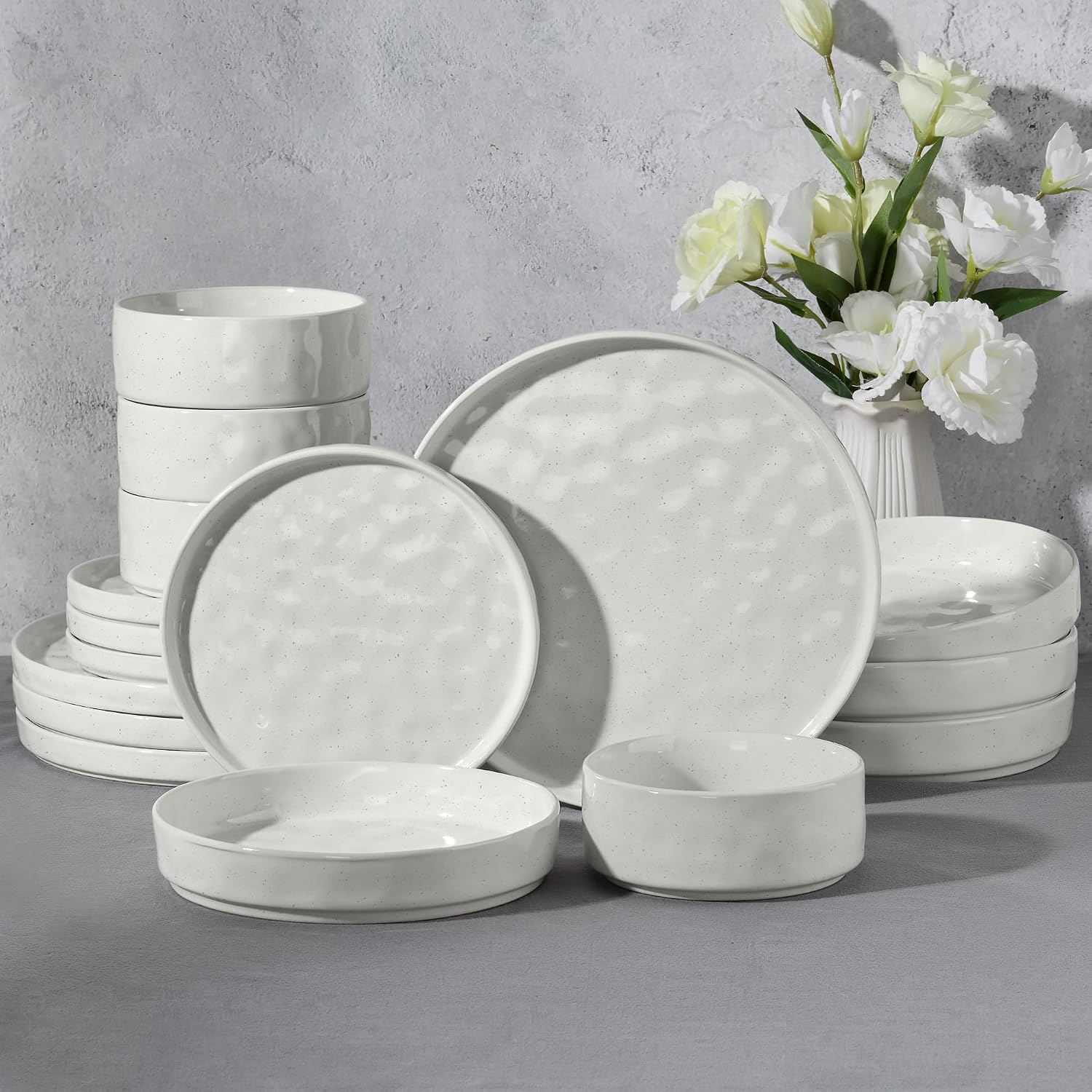 Speckled White Stoneware Dinnerware Set, 16 Pieces
