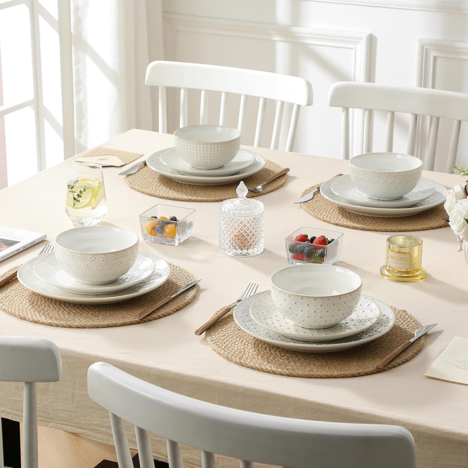 Embossed White Ceramic Dinnerware Set, 24 Pieces - Image 7