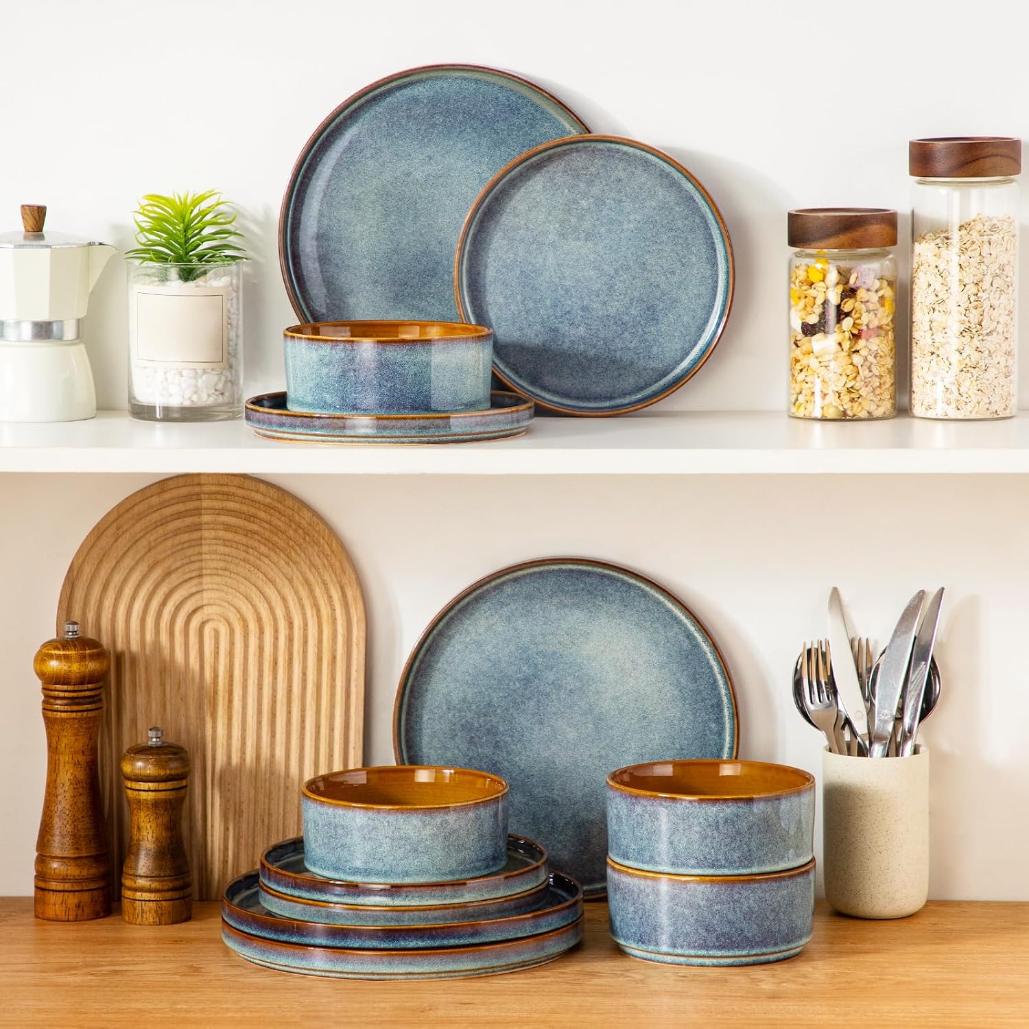 Blue Reactive Glaze Ceramic Dinnerware Set, 12 Pieces - Image 5