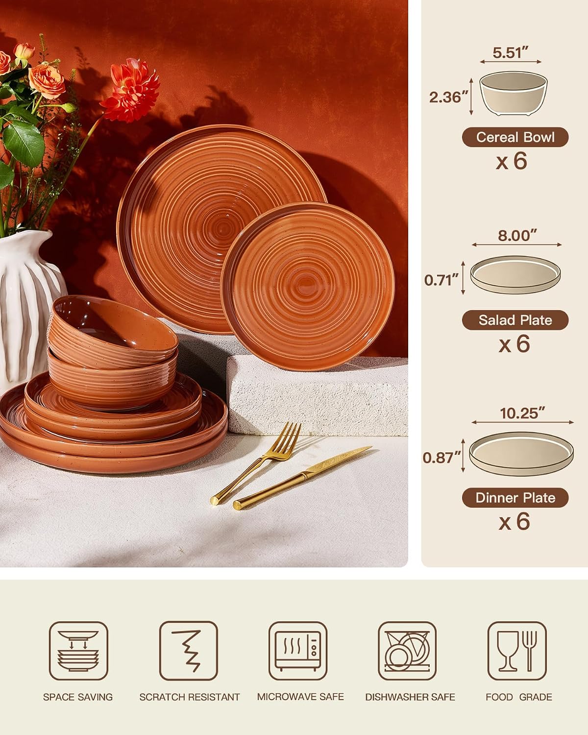 Terracotta Stoneware Dinnerware Set, 18 Pieces - Image 6