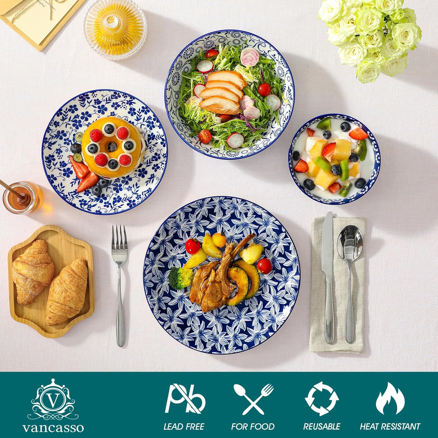 Blue Floral Porcelain Dinnerware Set, 24 Pieces - Image 4