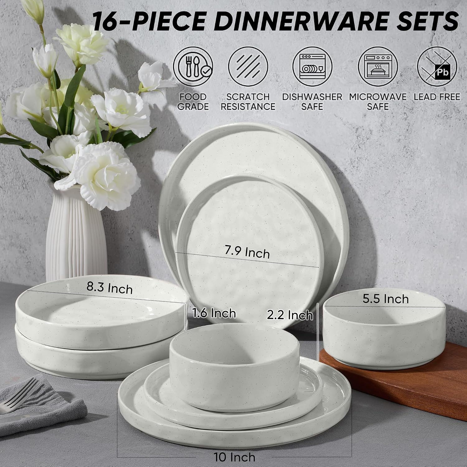 Speckled White Stoneware Dinnerware Set, 16 Pieces - Image 2