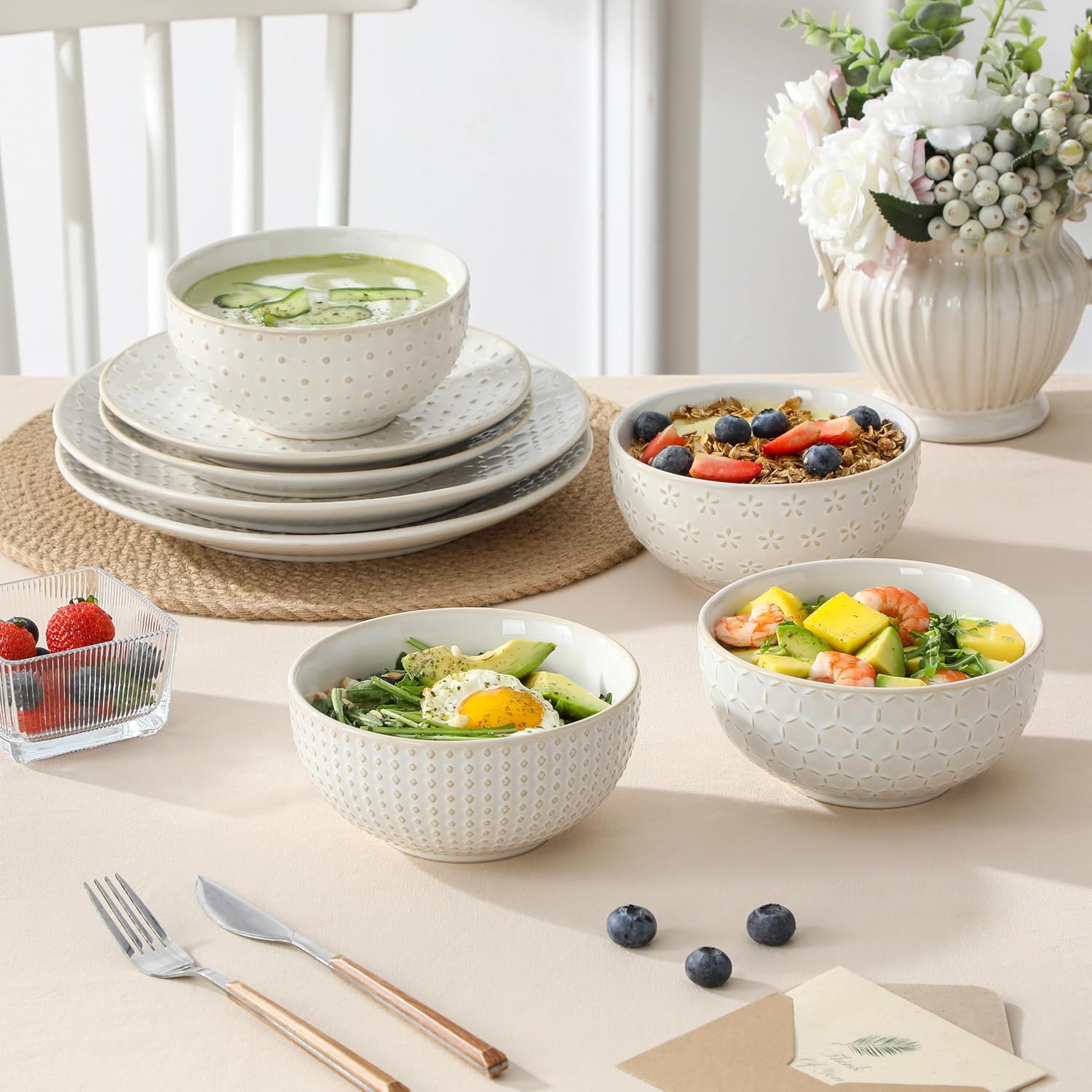 Embossed White Ceramic Dinnerware Set, 24 Pieces - Image 6