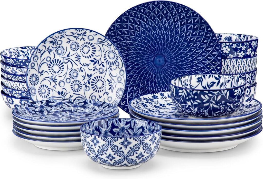 Blue Floral Porcelain Dinnerware Set, 24 Pieces