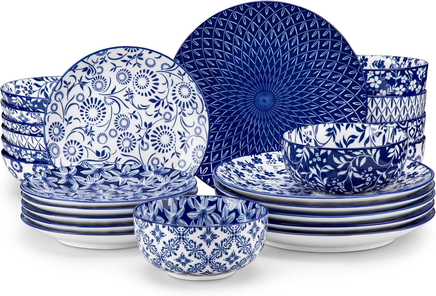 Blue Floral Porcelain Dinnerware Set, 24 Pieces