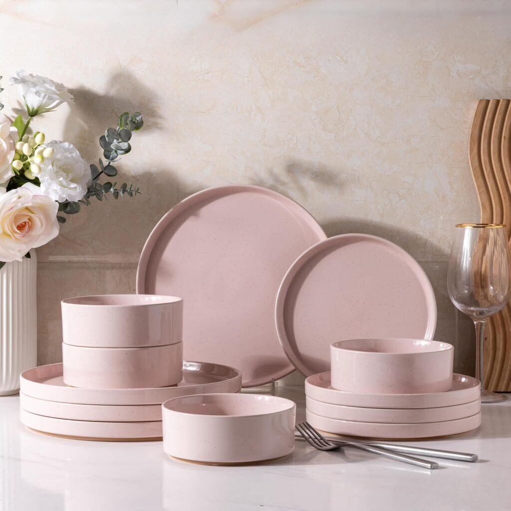 Pink Stoneware Dinnerware Set, 12 Pieces