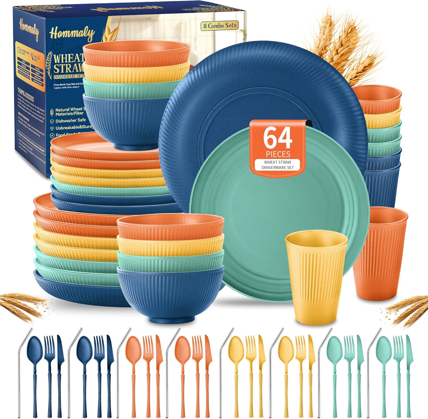 Reusable Wheat Straw Dinnerware Set, 64 Pieces