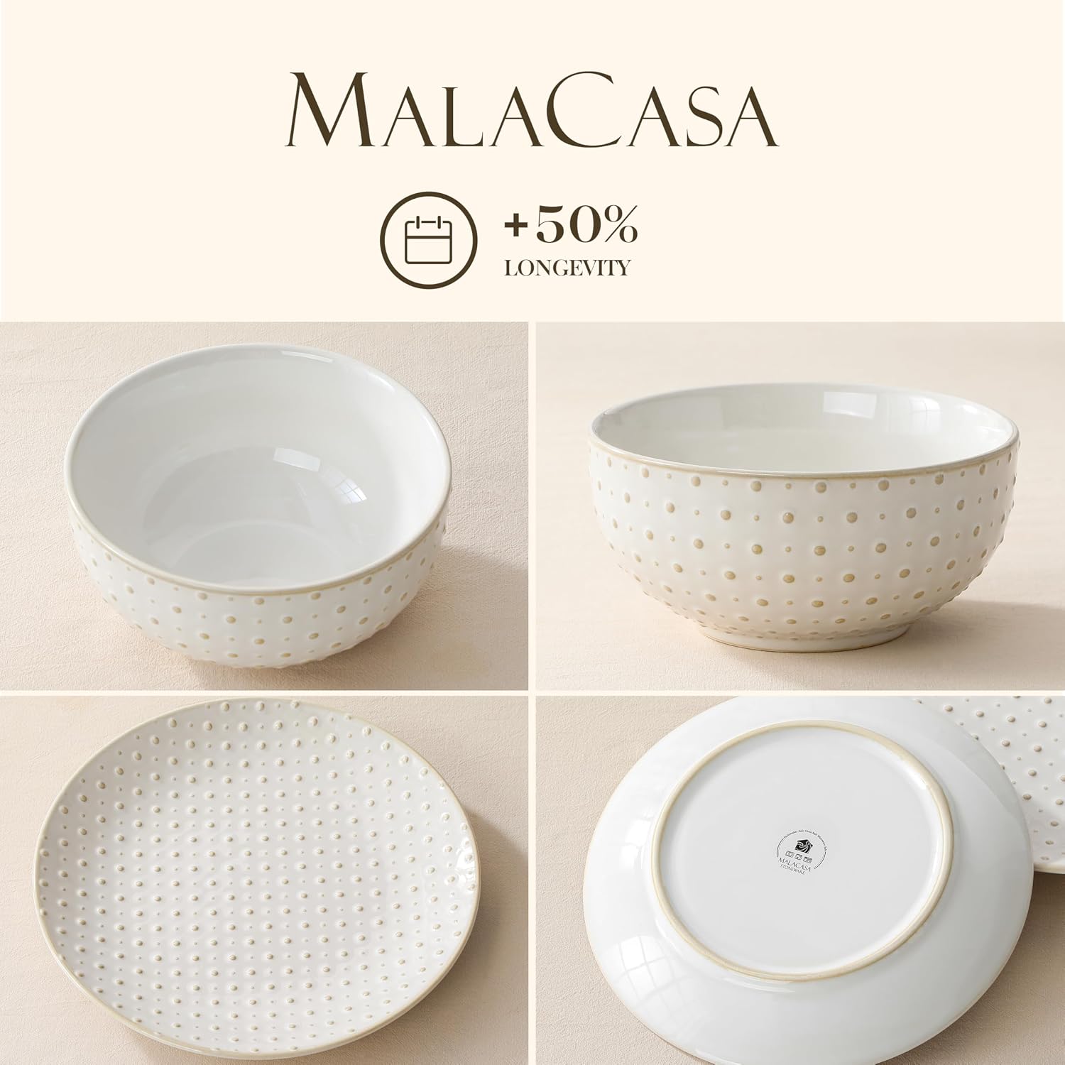 Embossed White Ceramic Dinnerware Set, 24 Pieces - Image 9