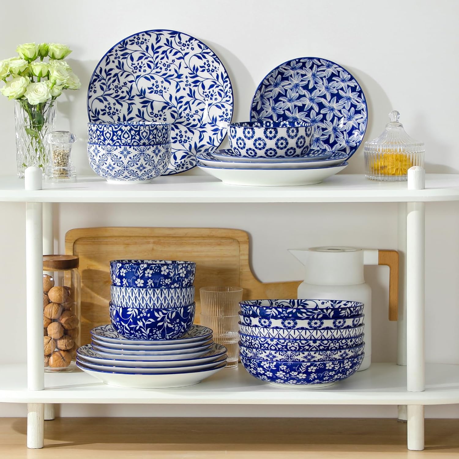 Blue Floral Porcelain Dinnerware Set, 24 Pieces - Image 7