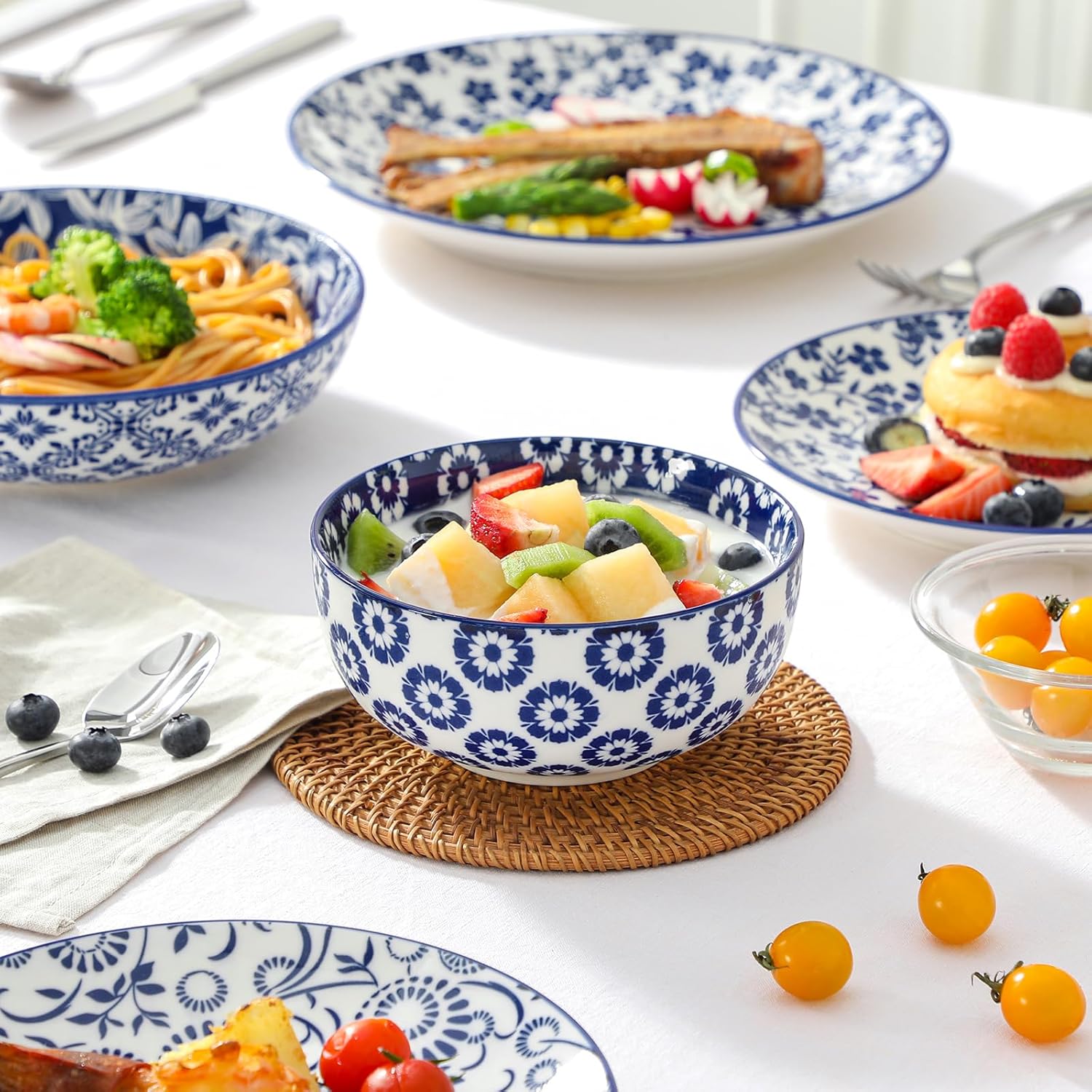 Blue Floral Porcelain Dinnerware Set, 24 Pieces - Image 6