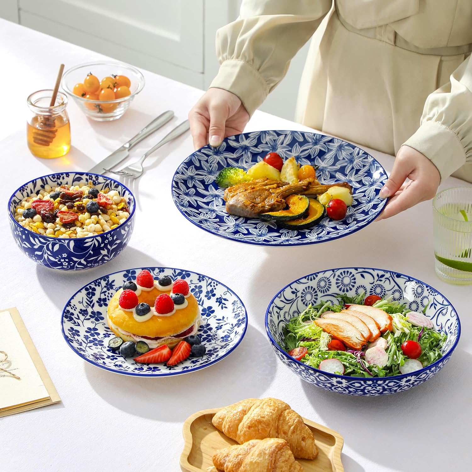 Blue Floral Porcelain Dinnerware Set, 24 Pieces - Image 5