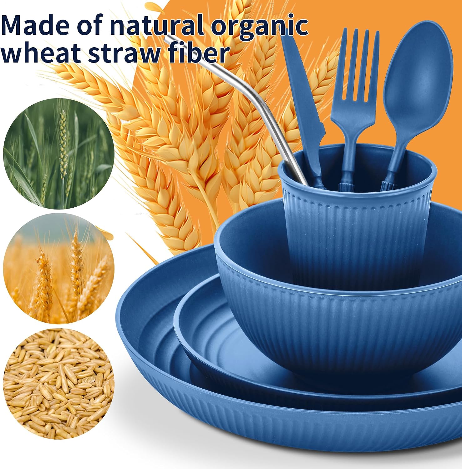 Reusable Wheat Straw Dinnerware Set, 64 Pieces - Image 7