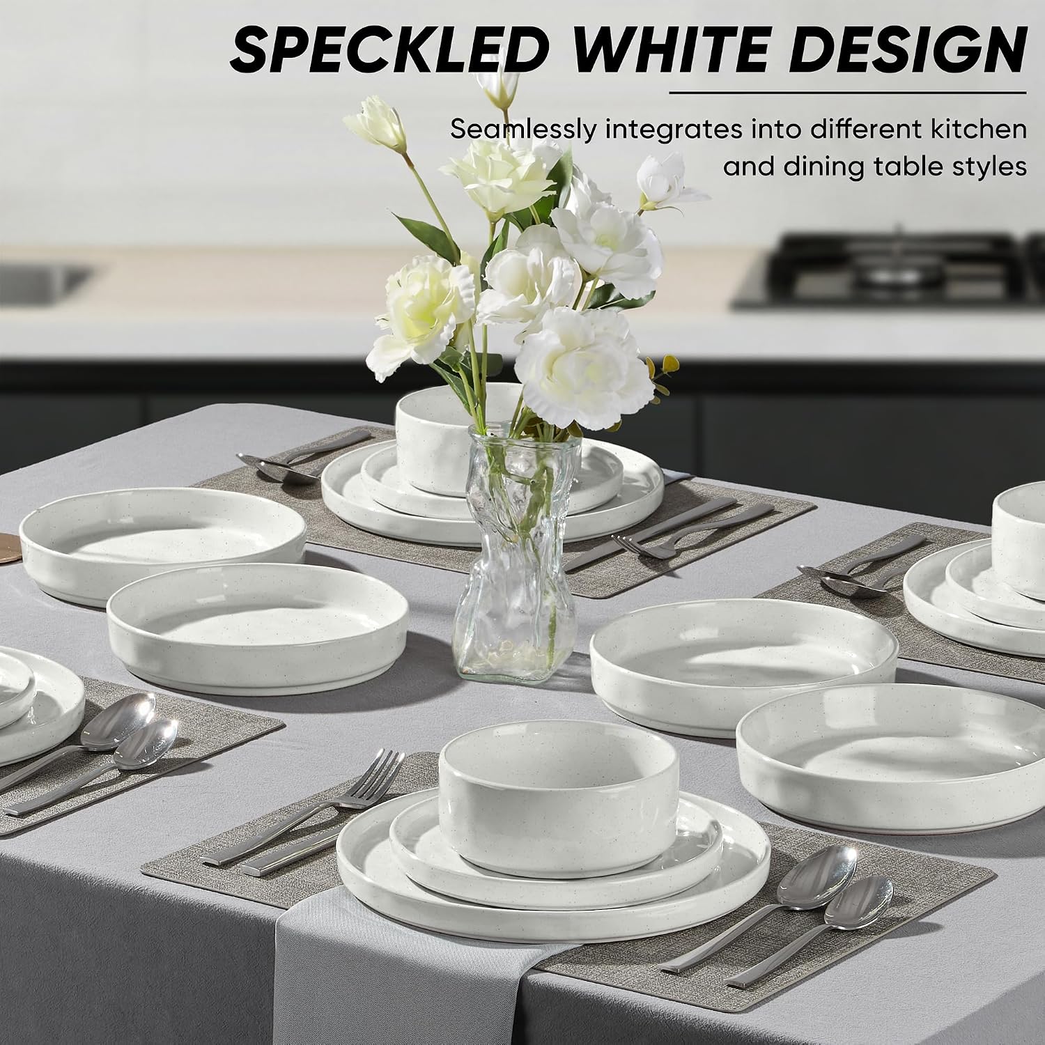 Speckled White Stoneware Dinnerware Set, 16 Pieces - Image 4