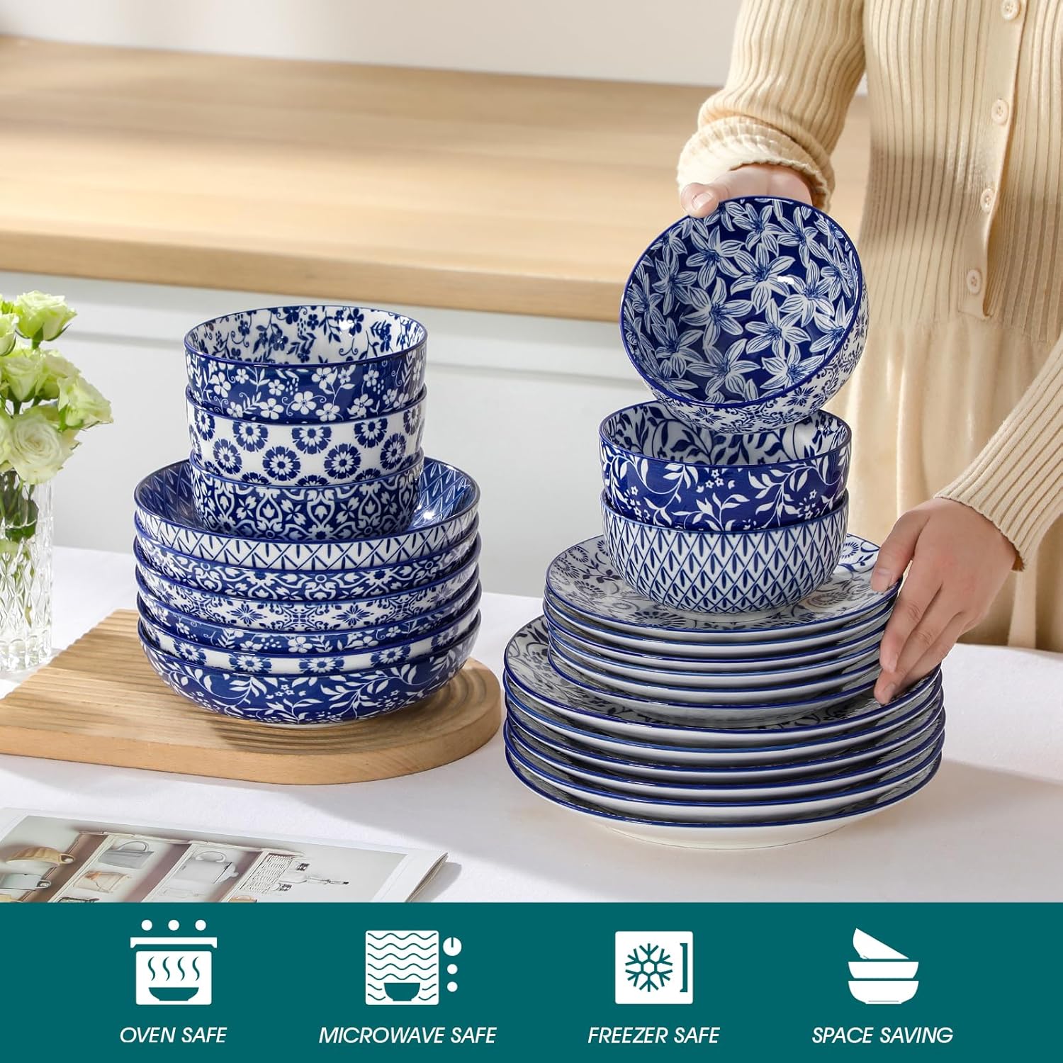 Blue Floral Porcelain Dinnerware Set, 24 Pieces - Image 3
