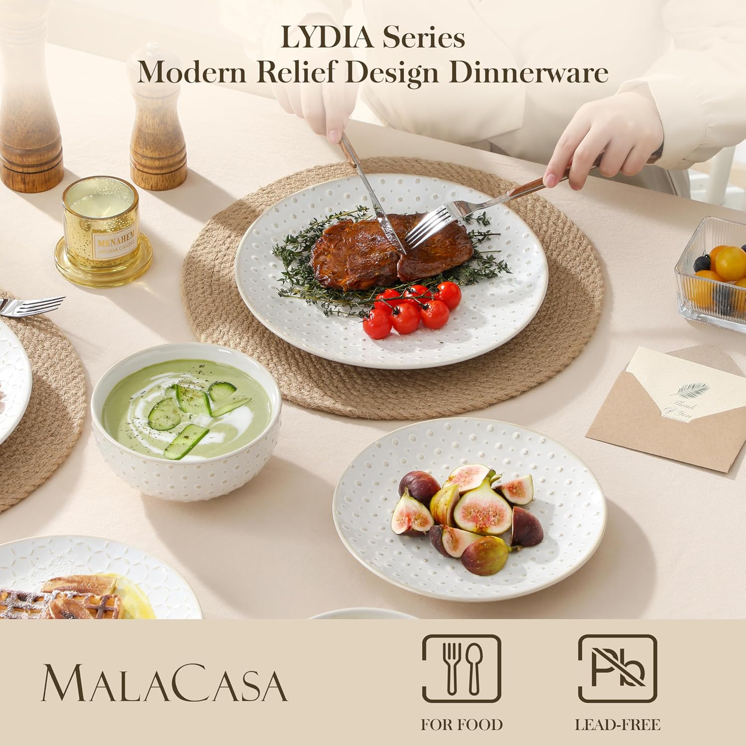 Embossed White Ceramic Dinnerware Set, 24 Pieces - Image 3