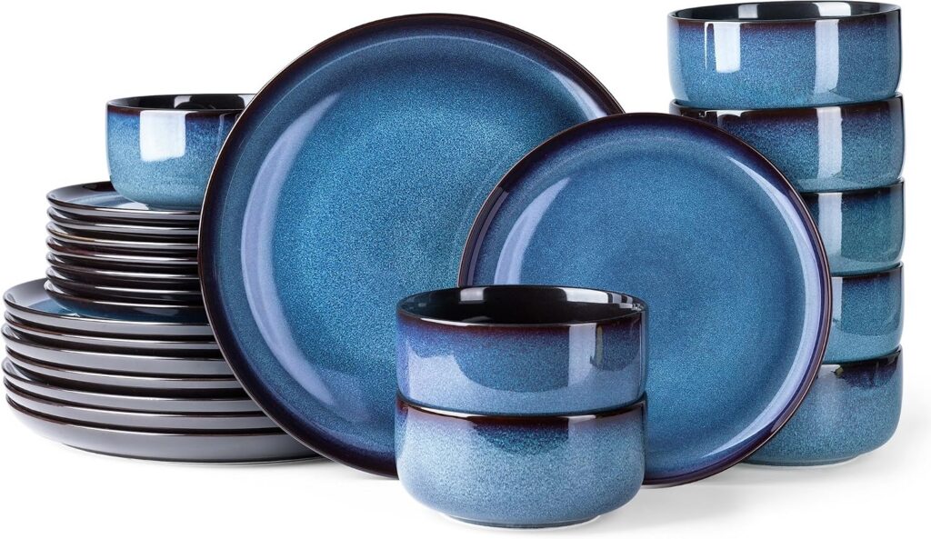 Blue Reactive Glaze Ceramic Dinnerware Set, 24 Pieces