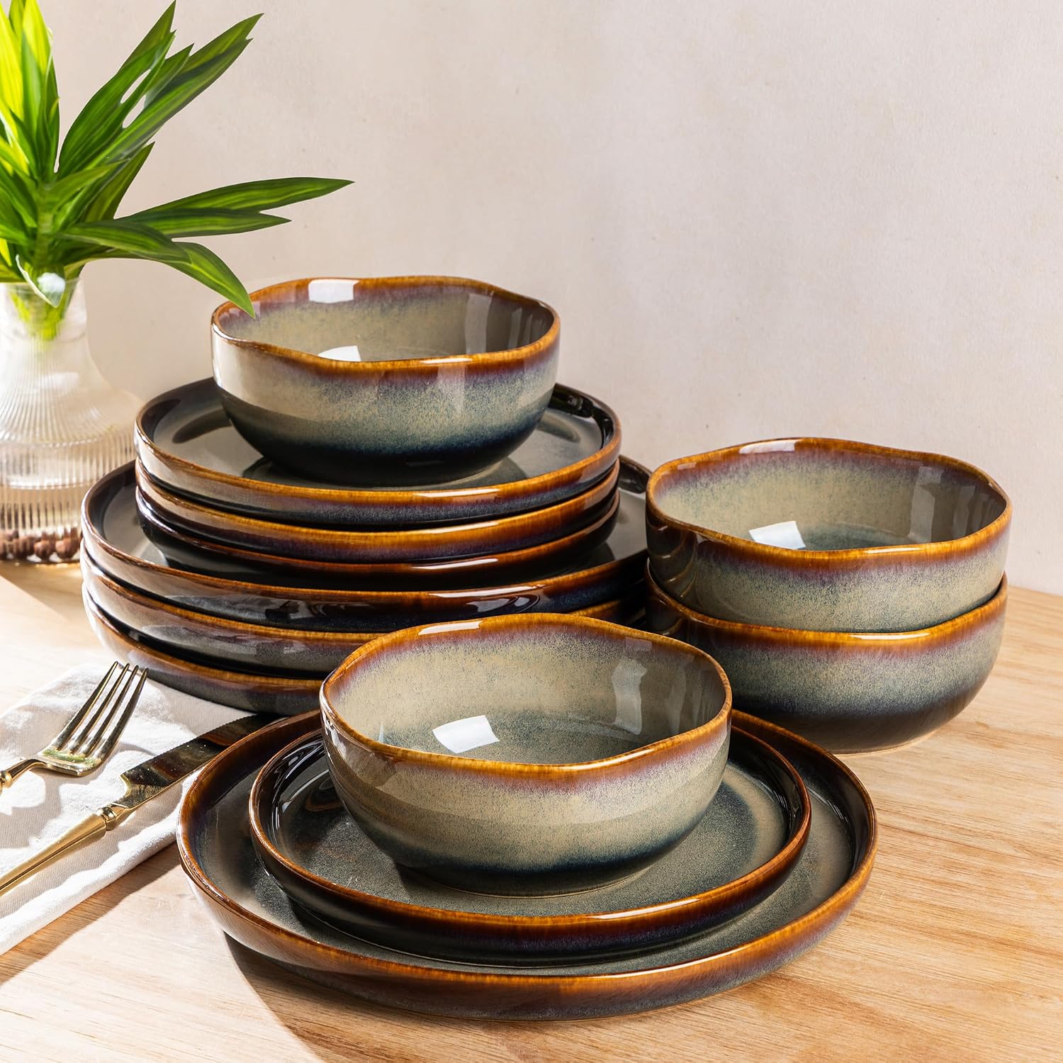 Double Reactive Glaze Ceramic Dinnerware Set, 12 Pieces