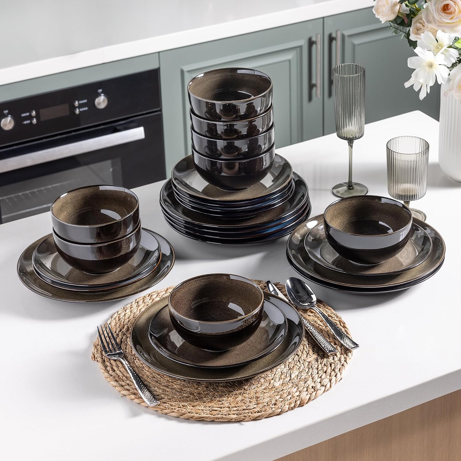 Reactive Glaze Ceramic Dinnerware Set, 24 Pieces - Image 7