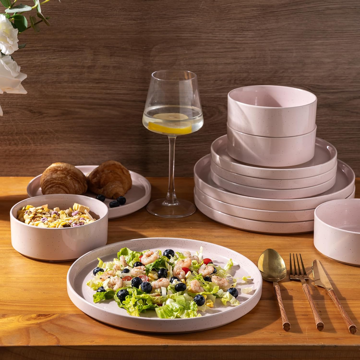 Pink Stoneware Dinnerware Set, 12 Pieces - Image 3