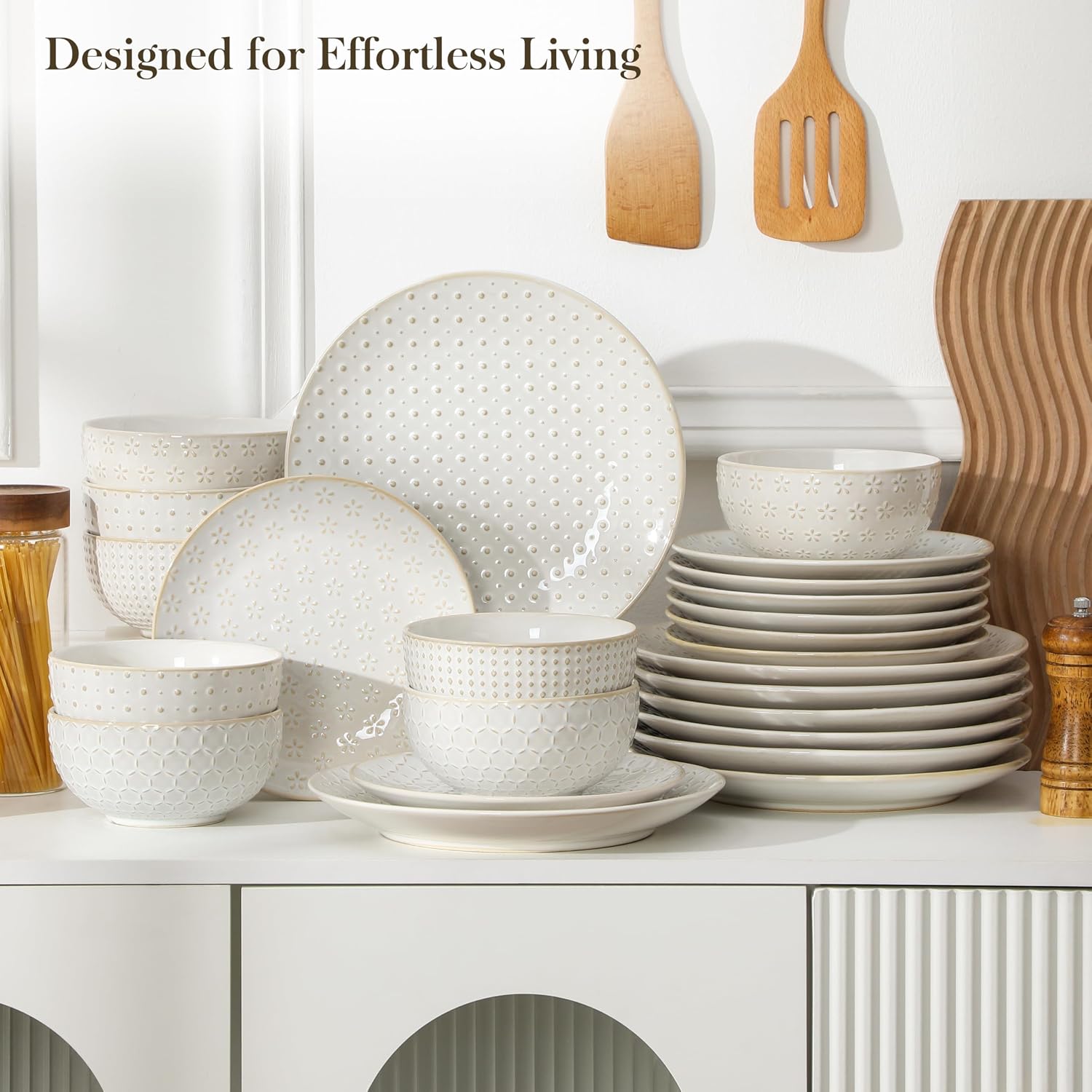 Embossed White Ceramic Dinnerware Set, 24 Pieces - Image 5