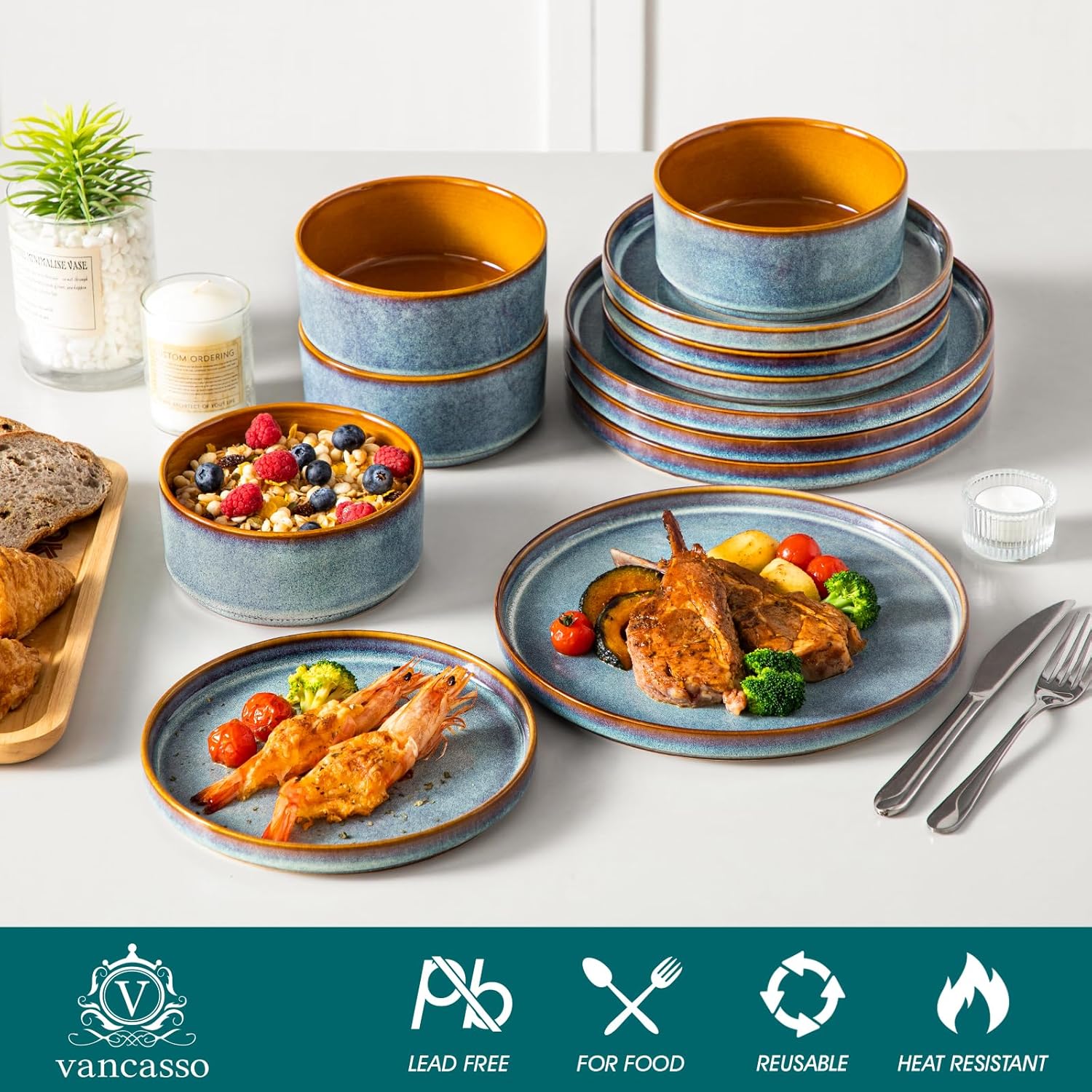 Blue Reactive Glaze Ceramic Dinnerware Set, 12 Pieces - Image 3