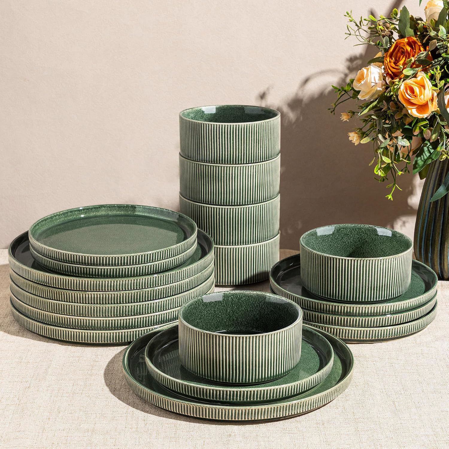 Ribbed Stoneware Dinnerware Set, 18 Pieces