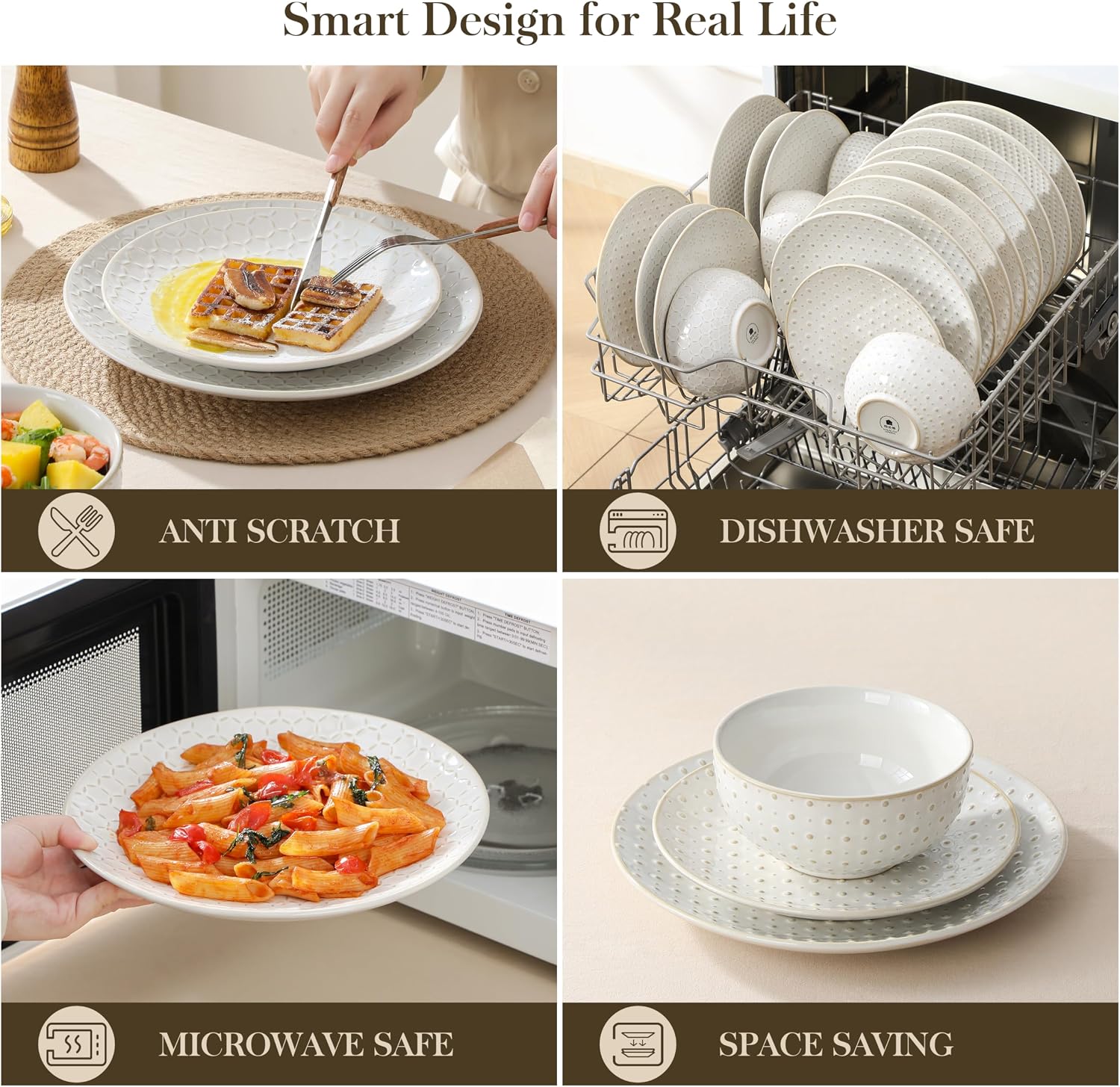 Embossed White Ceramic Dinnerware Set, 24 Pieces - Image 4