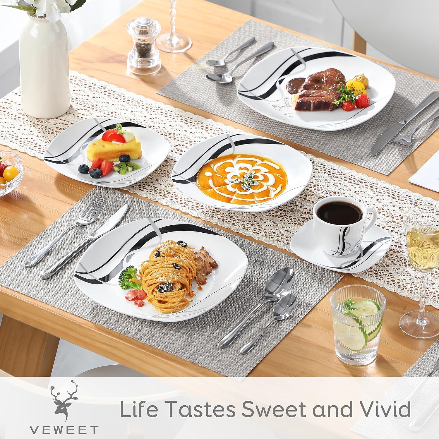 White and Black Ceramic Dinnerware Set, 30 Pieces - Image 3
