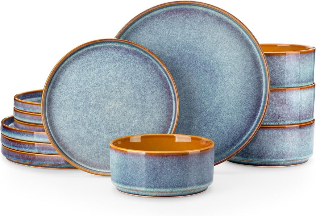 Blue Reactive Glaze Ceramic Dinnerware Set, 12 Pieces