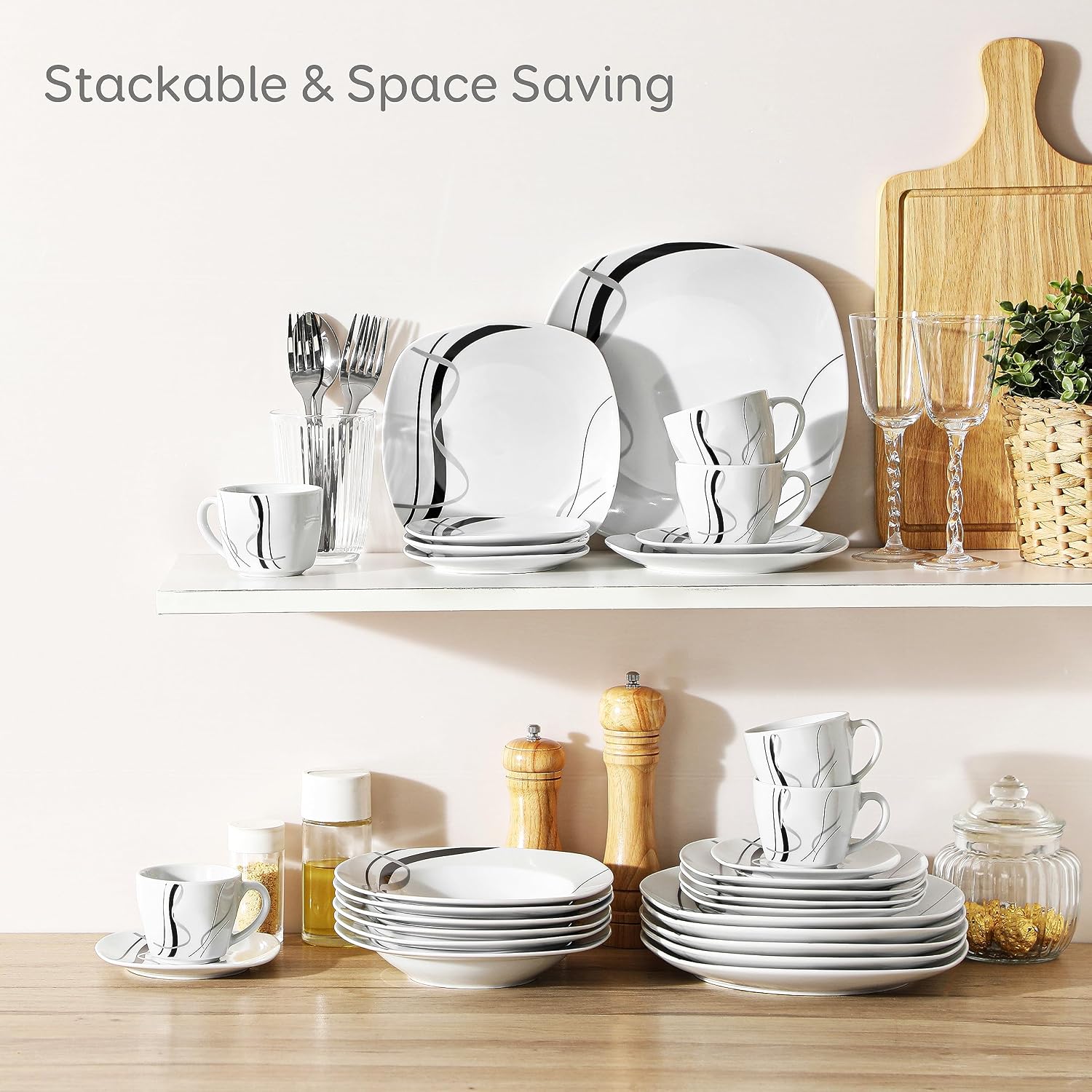White and Black Ceramic Dinnerware Set, 30 Pieces - Image 7
