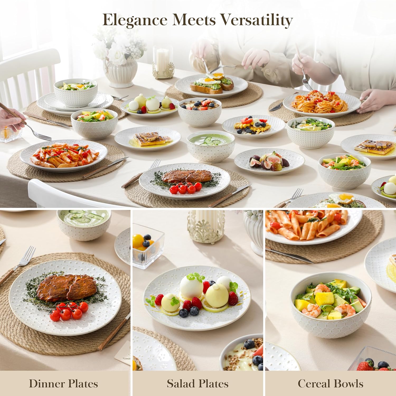 Embossed White Ceramic Dinnerware Set, 24 Pieces - Image 8